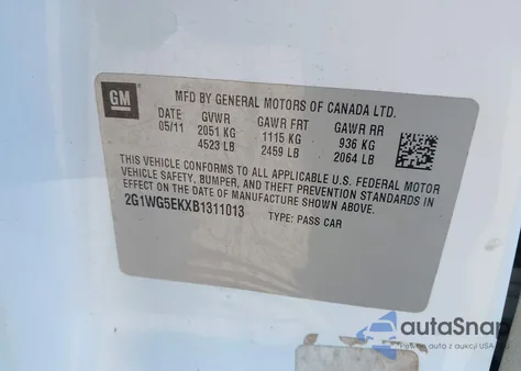 2011 Chevrolet Impala Lt from USA, damaged, VIN 2G1WG5EKXB1311013